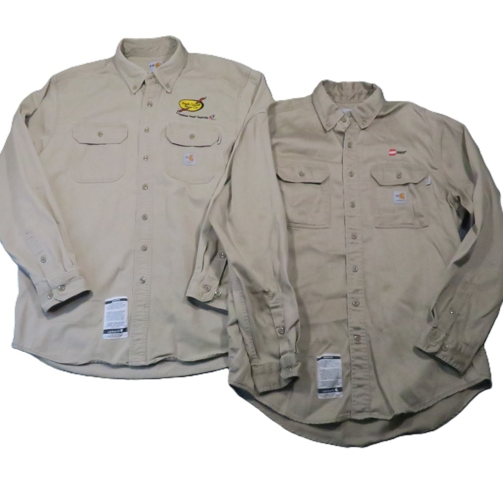 Carhartt FR Shirt Mens L Khaki Canvas Long Sleeve Workwear Industrial Lot of 2
